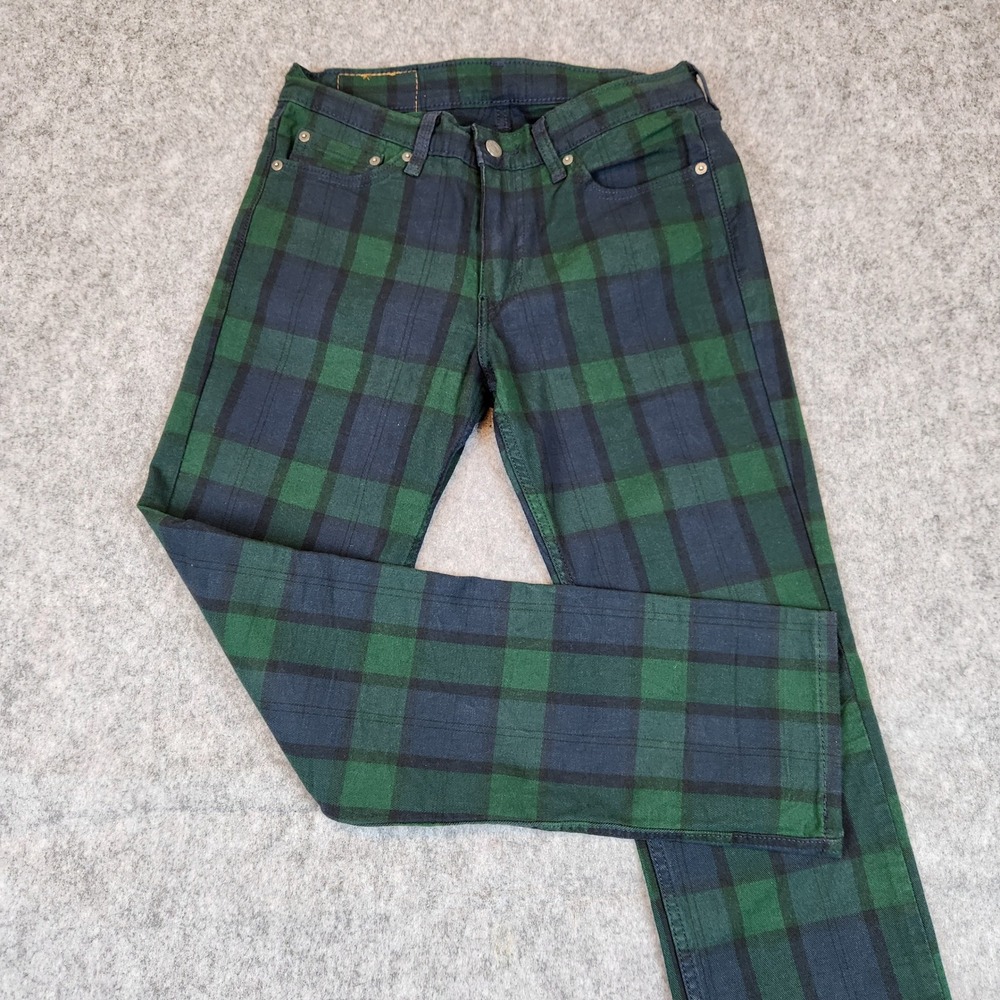 Levi 511 Slim Fit Pants Men 30x30 Green Black Watch Plaid Tartan Check Trousers
